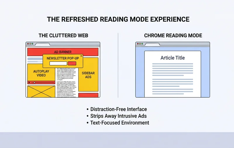 Step-by-step infographic showing how to activate vertical tabs in Google Chrome by right-clicking the window, alongside highlights of the new Reading Mode.