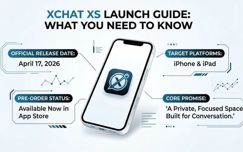 Infographic showing the April 17 release date, App Store pre-order status, and iOS platform availability for the new XChat XS standalone messaging app.