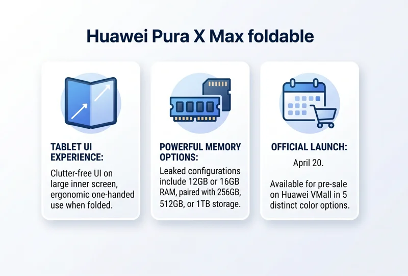 Infographic detailing the leaked specs for the Huawei Pura X Max foldable, including tablet UI features, memory options up to 16GB RAM and 1TB storage, and the April 20 launch date.