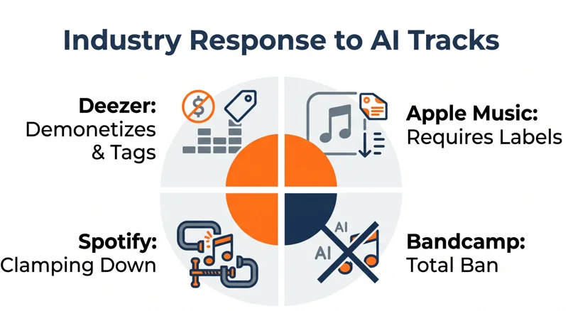 Infographic comparing how major music streaming platforms handle AI songs, featuring the latest policies from Deezer, Apple Music, Spotify, and Bandcamp.