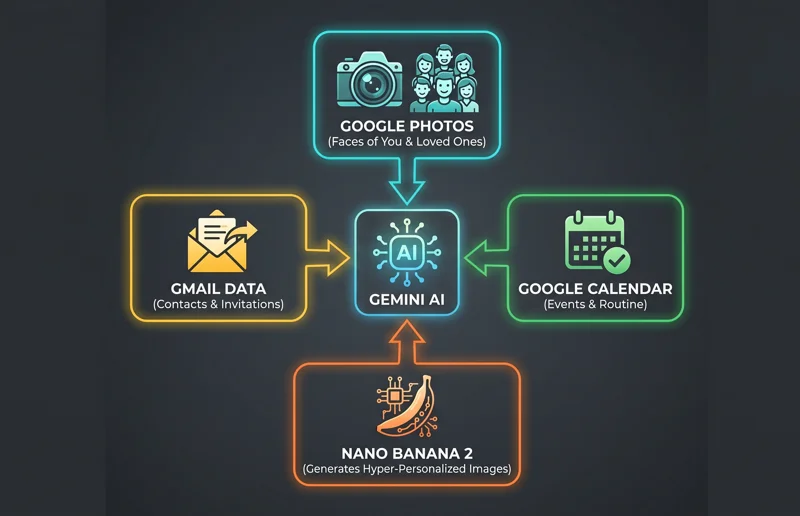 Split-screen infographic comparing the old manual AI workflow of typing descriptions and uploading reference photos against the new Google Personal Intelligence system that automatically scans Google Photos, Gmail, and Calendar to generate images.