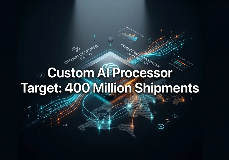Infographic illustrating an advanced custom AI smartphone processor, highlighting OpenAI's collaboration with Qualcomm and MediaTek, and displaying a target of 400 million annual shipments.