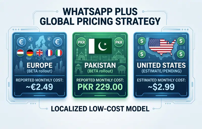 Infographic showing the regional monthly pricing for the WhatsApp Plus subscription, including early beta costs in Europe at 2.49 Euros, Pakistan at 229 PKR, and an estimated 2.99 USD for the United States.