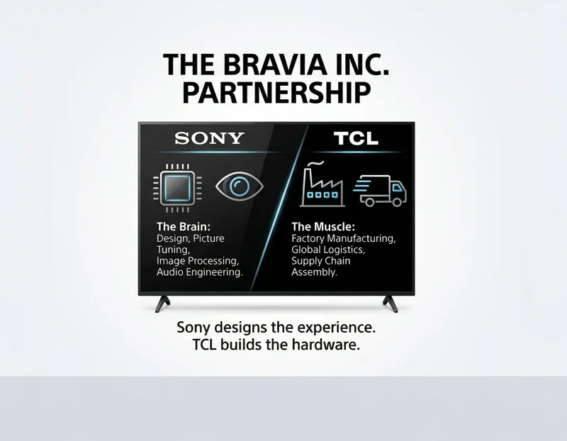Infographic showing how Sony controls TV design, picture tuning, and image processing, while TCL handles manufacturing and the supply chain for the new Bravia Inc joint venture.