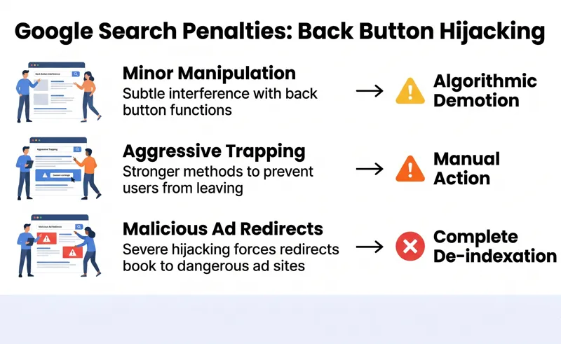 An infographic illustrating the three tiers of Google Search penalties for back button hijacking, showing the progression from algorithmic demotion to complete de-indexation.