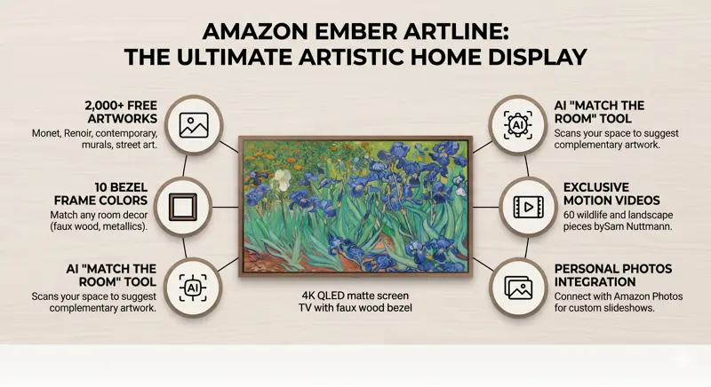 An infographic detailing the smart artistic features of the Amazon Ember Artline TV, including the 2,000 free artworks, 10 bezel frame colors, and the AI Match the Room tool.