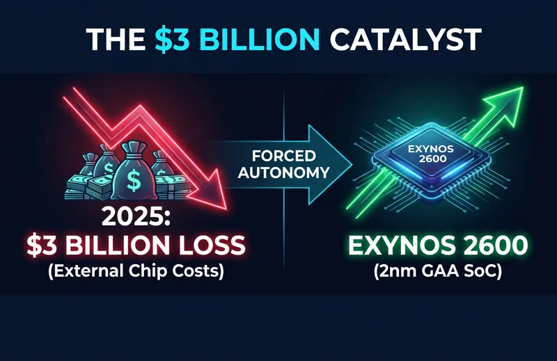Infographic illustrating Samsung's 3 billion dollar loss in 2025 due to external chip costs, which forced the rapid development and adoption of the Exynos 2600 2nm GAA SoC.