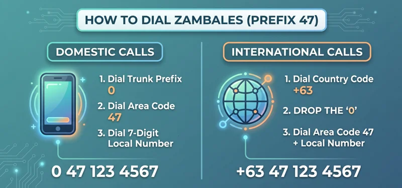 Step-by-step dialing guide explaining how to format the area code Zambales requires for both local Philippine calls and international dialing.