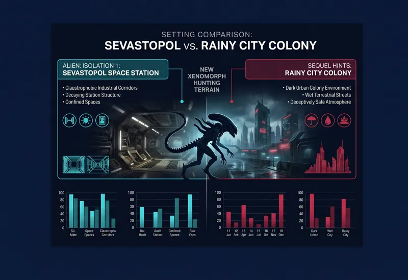Infographic comparing the claustrophobic Sevastopol space station setting of the original Alien: Isolation to the dark, rainy urban colony teased for the upcoming sequel.