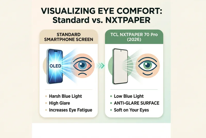 Infographic comparing the harsh blue light and glare of standard smartphone screens with the eye-friendly, low blue light e-paper display of the TCL NXTPAPER 70 Pro.