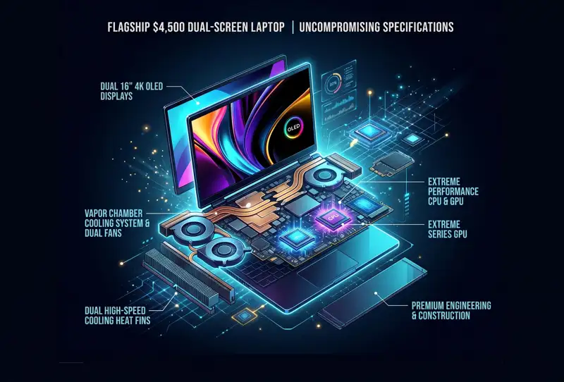 Technical infographic of the ASUS ROG Zephyrus Duo internal specifications, featuring the NVIDIA GeForce RTX 5090 GPU and Intel Core Ultra 9 processor.