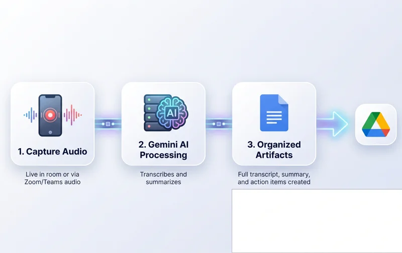 A process flow infographic demonstrating how the Google Meet AI captures audio, processes it with Gemini, and saves transcripts and action items to Google Drive.