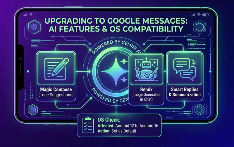 Infographic illustrating Gemini AI texting features in Google Messages like Magic Compose and Remix, plus Android OS update requirements for Samsung users.
