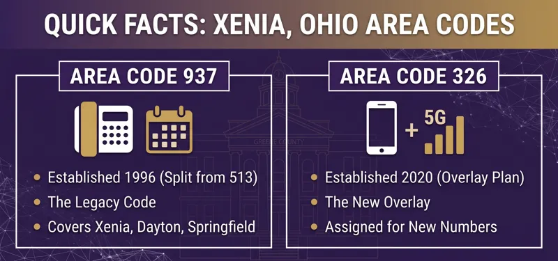 A comparison infographic detailing the history of the area code Xenia Ohio uses, highlighting the original 937 code from 1996 and the new 326 overlay code from 2020.