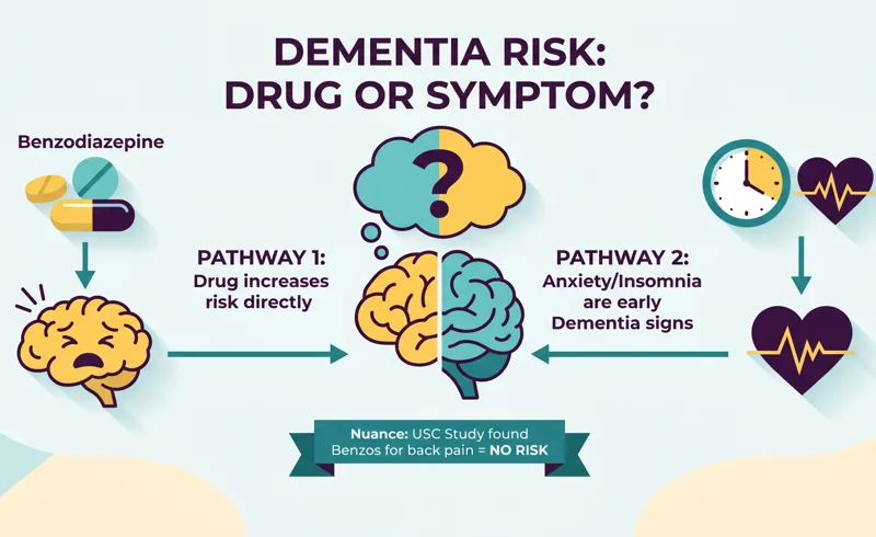 A conceptual infographic illustrating the medical debate over whether benzodiazepines directly cause dementia, or if the conditions they treat, like severe anxiety and insomnia, are actually early signs of cognitive decline.