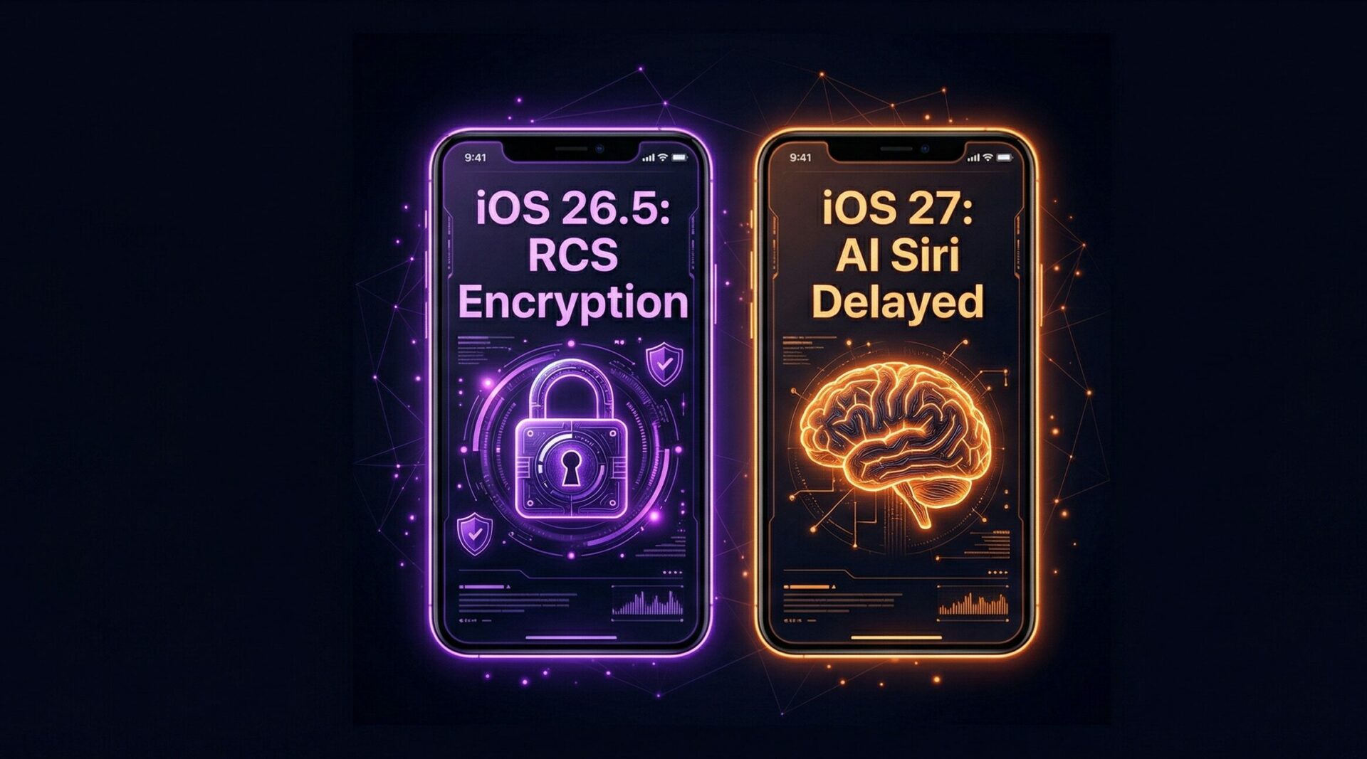 A timeline infographic showing the release schedule for iPhone software updates, highlighting iOS 26.5 arriving in May and iOS 27 arriving in June.