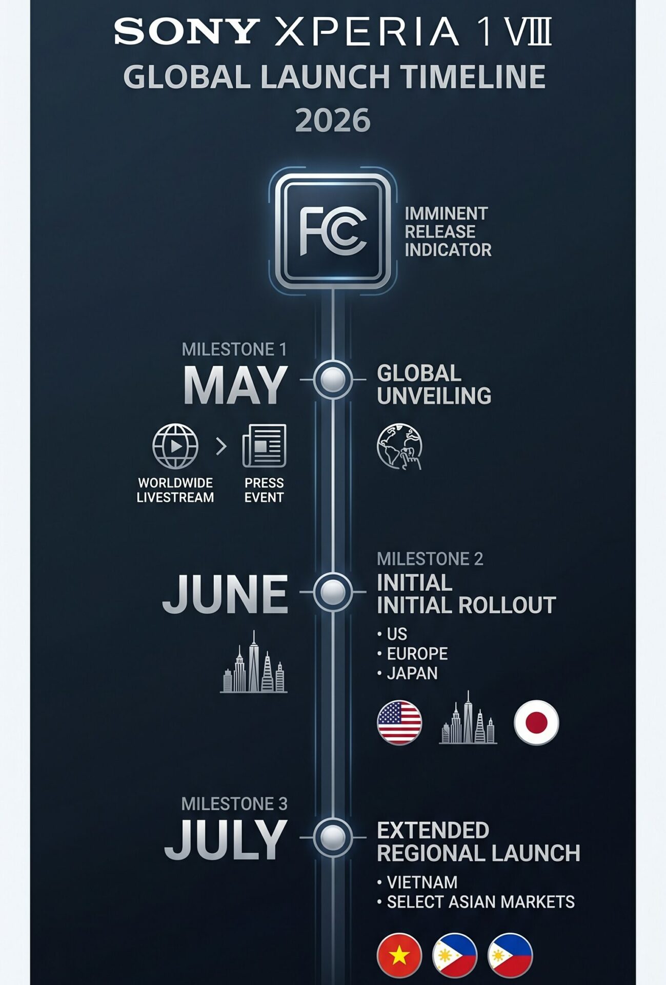 An infographic timeline showing the expected May 2026 global launch, initial June rollout, and extended July regional availability for the upcoming Sony Xperia 1 VIII.