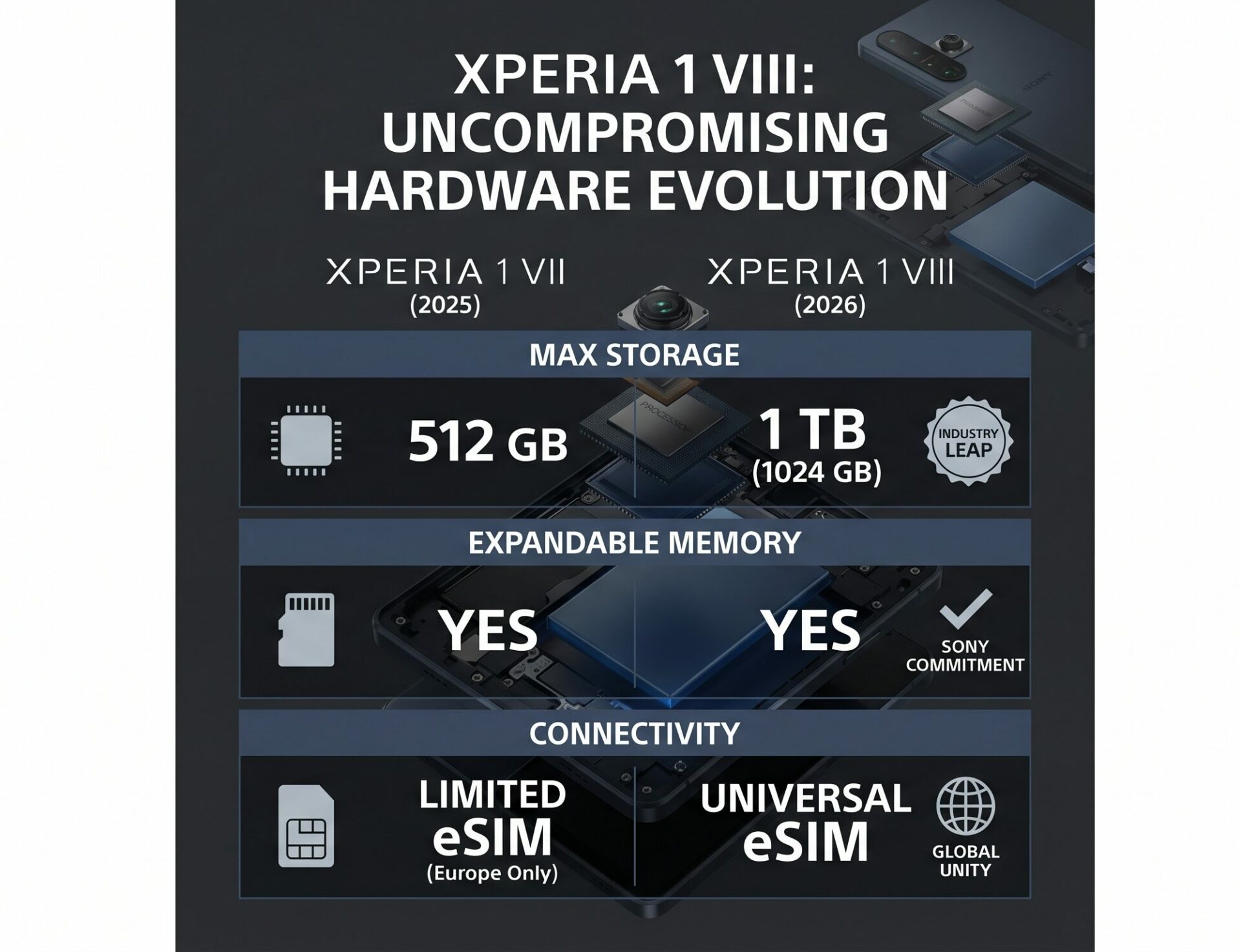 A hardware comparison infographic highlighting the Sony Xperia 1 VIII upgrades, including the massive 1TB internal storage, universal eSIM support, and the retained microSD slot compared to the previous generation.