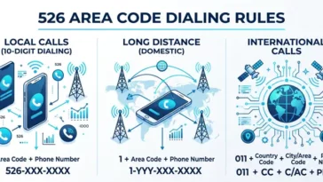Infographic explaining the mandatory 10-digit dialing rules and formatting for local, long-distance, and international calls using the new 526 area code.