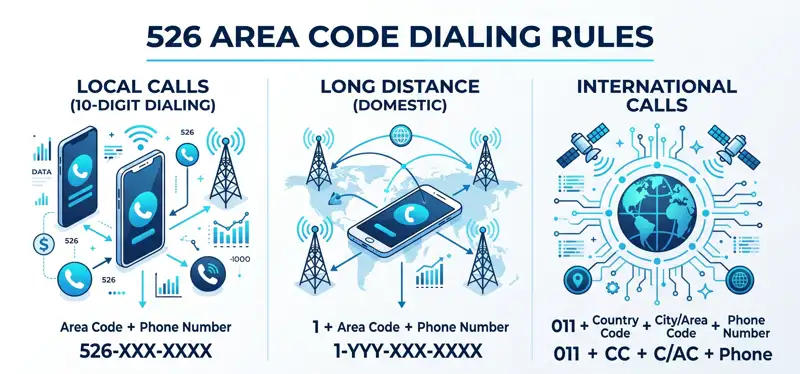 Infographic explaining the mandatory 10-digit dialing rules and formatting for local, long-distance, and international calls using the new 526 area code.