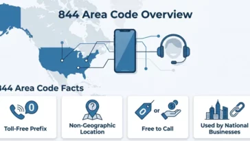 Infographic explaining the 844 area code as a toll-free, non-geographic number widely used by North American businesses.