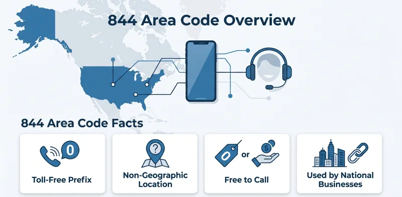 Infographic explaining the 844 area code as a toll-free, non-geographic number widely used by North American businesses.