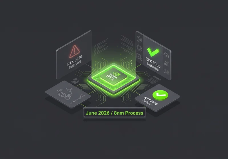 Infographic explaining Nvidia's supply chain pivot in 2026, showing the delay of the RTX 5050 series and the return of the RTX 3060 using the Samsung 8nm manufacturing process.