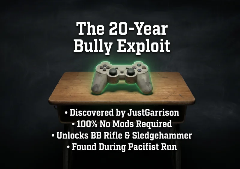Infographic detailing the 20-year-old Bully exploit discovered by JustGarrison, showing how players can unlock the secret BB rifle and sledgehammer without using any mods.