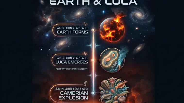 A vertical timeline infographic illustrating the deep history of Earth, showing the planet's formation 4.6 billion years ago, the emergence of the Last Universal Common Ancestor (LUCA) 4.2 billion years ago, and the Cambrian Explosion 530 million years ago.