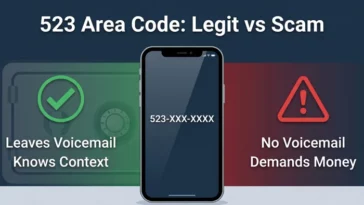 Infographic comparing legitimate phone calls versus scam calls from the 523 area code, highlighting safe indicators and warning signs.