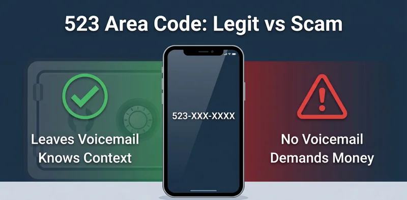 Infographic comparing legitimate phone calls versus scam calls from the 523 area code, highlighting safe indicators and warning signs.