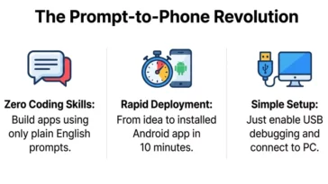 Infographic illustrating the prompt-to-phone workflow in Google AI Studio, highlighting zero coding skills, 10-minute rapid deployment, and simple USB debugging setup.