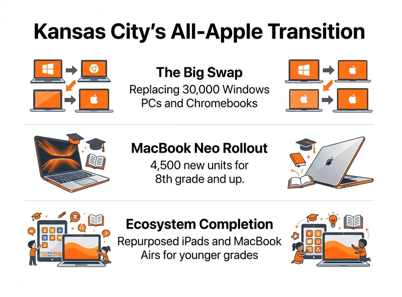 Infographic showing Kansas City replacing 30,000 PCs and Chromebooks with an all-Apple ecosystem, including 4,500 new MacBook Neos for older students and repurposed iPads for younger grades.