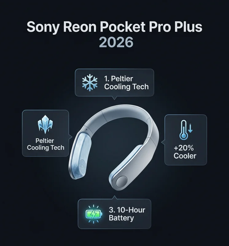 Infographic showing the core features of the Sony Reon Pocket Pro Plus, including its Peltier cooling technology, 20% performance boost, and 10-hour battery life.