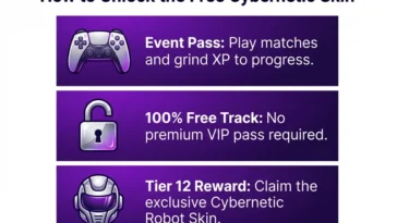 Infographic showing how to unlock the free cybernetic robot skin by playing matches and reaching Tier 12 on the free event track.