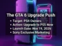 Infographic showing a glowing PlayStation 5 console and an email notification urging PS4 owners to upgrade for the GTA 6 launch in November 2026.
