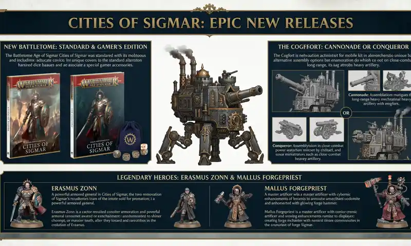 An infographic showcasing the new Cities of Sigmar releases, highlighting the massive Cogfort miniature, the updated Battletome, and legendary heroes like Erasmus Zonn