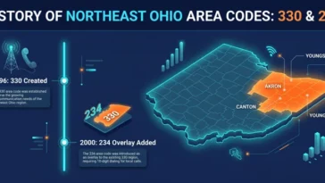Infographic showing the timeline and geographic map of the 330 and 234 area code youngstown ohio, highlighting Akron, Canton, and Northeast Ohio.