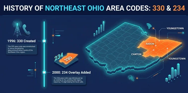 Infographic showing the timeline and geographic map of the 330 and 234 area code youngstown ohio, highlighting Akron, Canton, and Northeast Ohio.