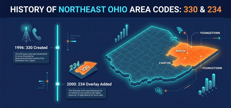 Infographic showing the timeline and geographic map of the 330 and 234 area code youngstown ohio, highlighting Akron, Canton, and Northeast Ohio.