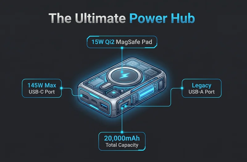 Infographic detailing why The UGREEN Nexode Power Bank might be the ultimate 3-in-1 MagSafe charger, highlighting the 145W USB-C port, legacy USB-A port, and 15W Qi2 magnetic pad.