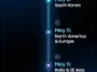 A vertical infographic showing the global release dates for Samsung's One UI 8.5 Android upgrade, highlighting the May 11 rollout for North America and Europe.