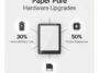 Minimalist monochrome infographic highlighting the reMarkable Paper Pure tablet hardware upgrades, including 32GB storage, 50 percent faster response time, and 30 percent more battery life.
