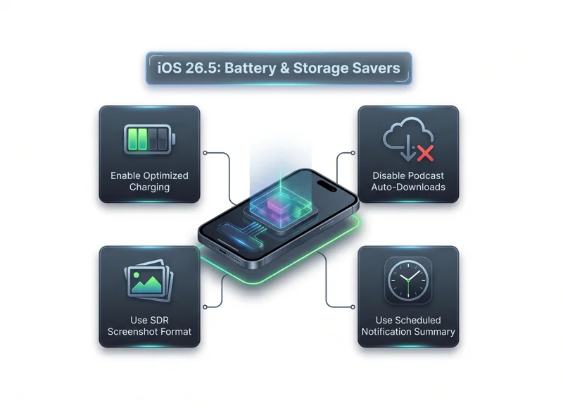Infographic illustrating the best iOS 26.5 settings to change to save battery life and optimize storage space, including optimized charging, disabling podcast auto-downloads, using SDR screenshots, and scheduling notification summaries.