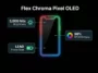 A futuristic tech infographic detailing the groundbreaking visual features of Samsung's new Flex Chroma Pixel OLED display. It highlights the insane brightness levels and ultra-wide color accuracy designed for next-generation smartphones.