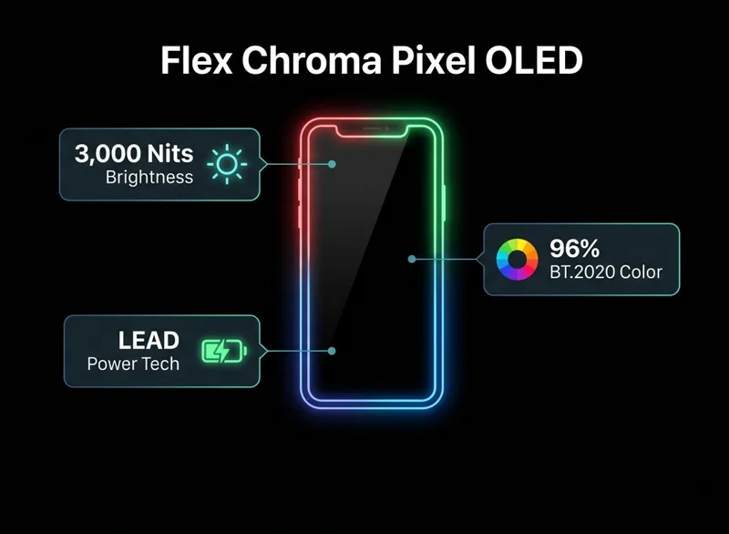 A futuristic tech infographic detailing the groundbreaking visual features of Samsung's new Flex Chroma Pixel OLED display. It highlights the insane brightness levels and ultra-wide color accuracy designed for next-generation smartphones.