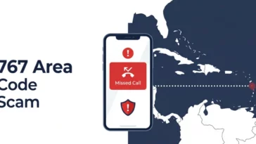 Flat vector infographic showing a smartphone with a missed call warning from the 767 area code originating from Dominica.