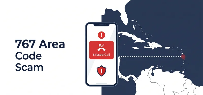 Flat vector infographic showing a smartphone with a missed call warning from the 767 area code originating from Dominica.