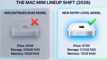 Infographic showing the price increase of the base model Mac mini from $599 to $799, highlighting key drivers like booming AI demand and global component shortages.