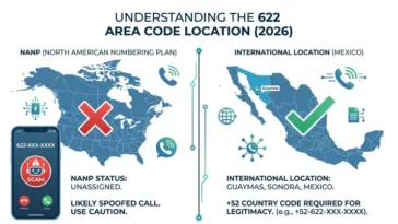 Infographic showing the 622 area code location, comparing its unassigned and likely spoofed status in the US to its legitimate geographic origin in Guaymas, Sonora, Mexico.